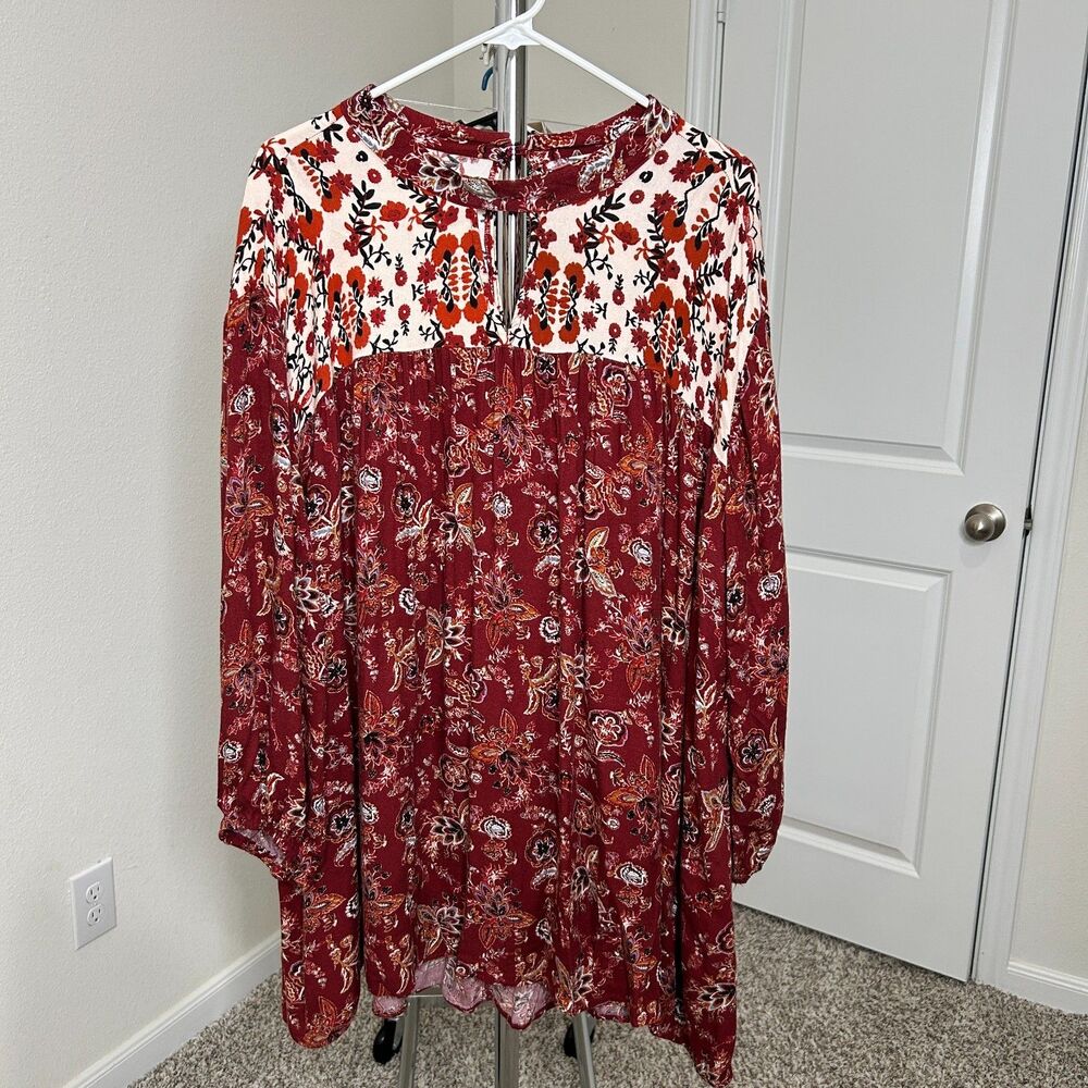 Southern Stitch Blouse XXL Red Floral Tunic Mixed Print Cottagecore Prairie Boho